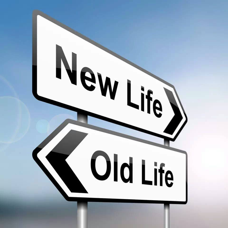 direction signs with words saying old life pointing in one direction and new life pointing in the opposite direction